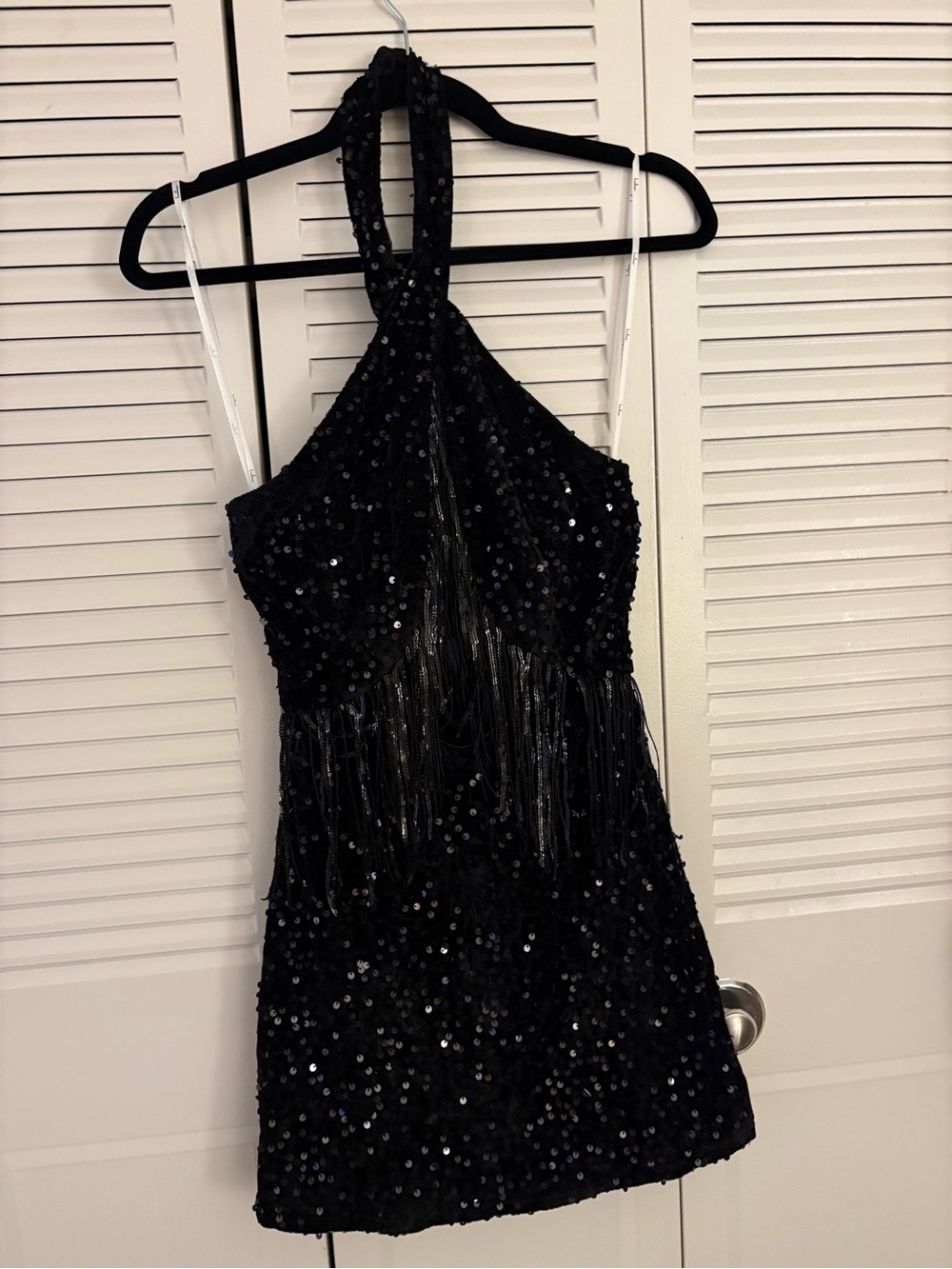 Lulu's Black Sequin Halter Fringe Mini Dress